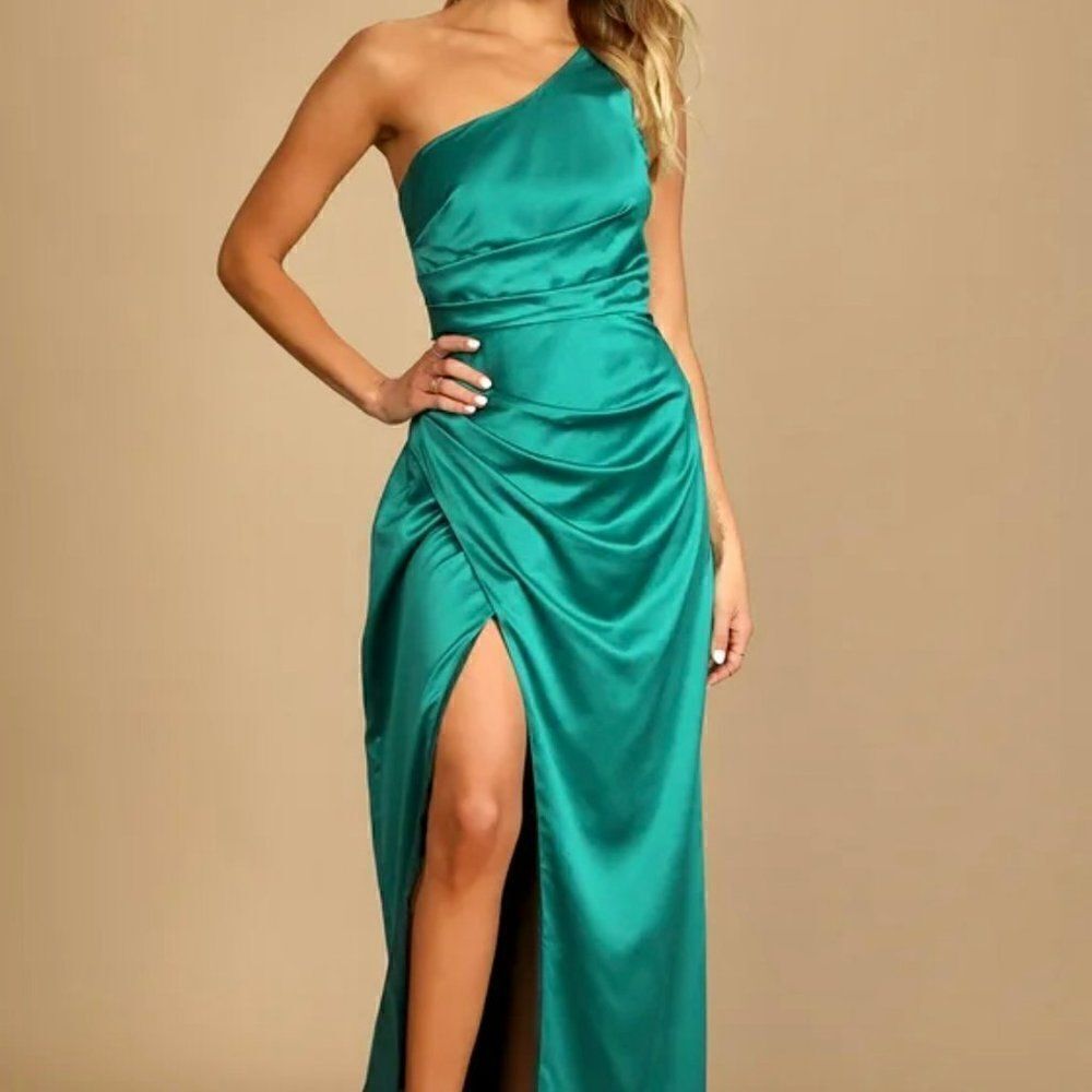 Lulus Dreaming of Elegance Satin One-Shoulder Maxi Dress, XL, Teal Blue Green